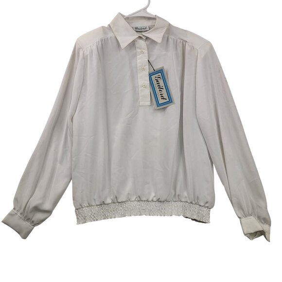 VTG Gailord White Sz 8 Lg-Slve Blouse Placket Button Front Smocked Hem *callout - Picture 1 of 12